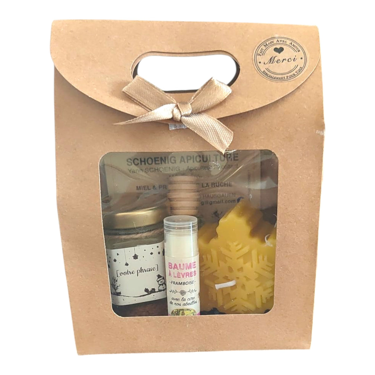 Coffret cadeau personnalisé avec miel, baume framboise, bougie flocon de Noël et étiquette texte libre.