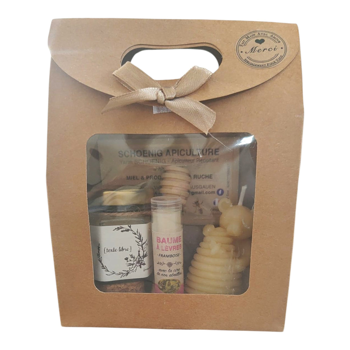 Coffret cadeau personnalisé avec miel, baume naturel, bougie ourson ruche en cire d'abeille et étiquette texte libre.