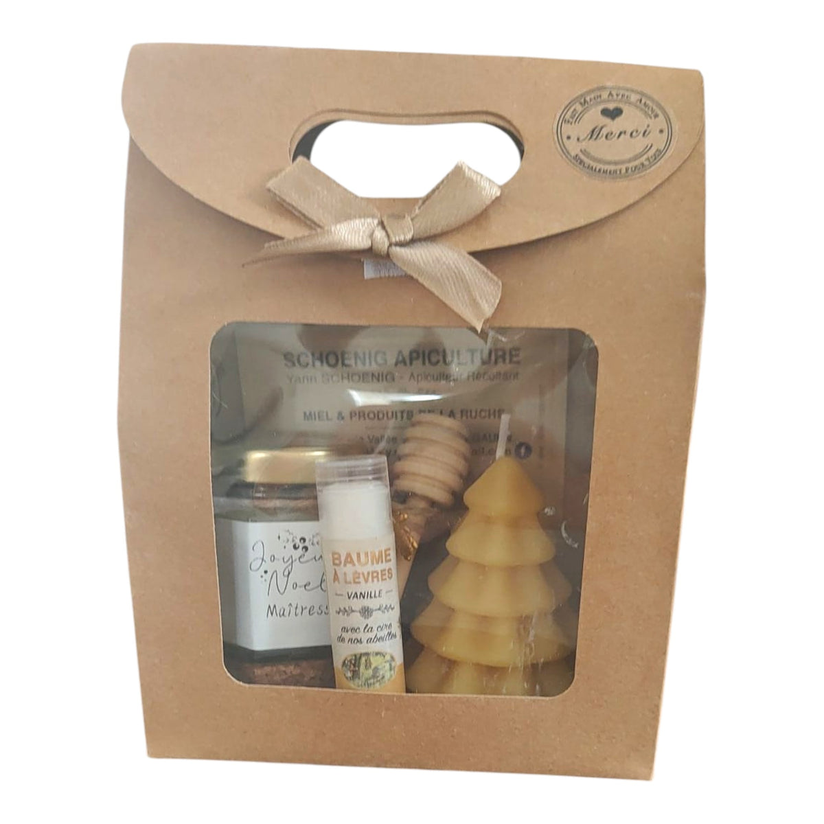 Coffret cadeau Noël maîtresse avec miel, baume framboise, bougie sapin et étiquette Joyeux Noël Maîtresse.