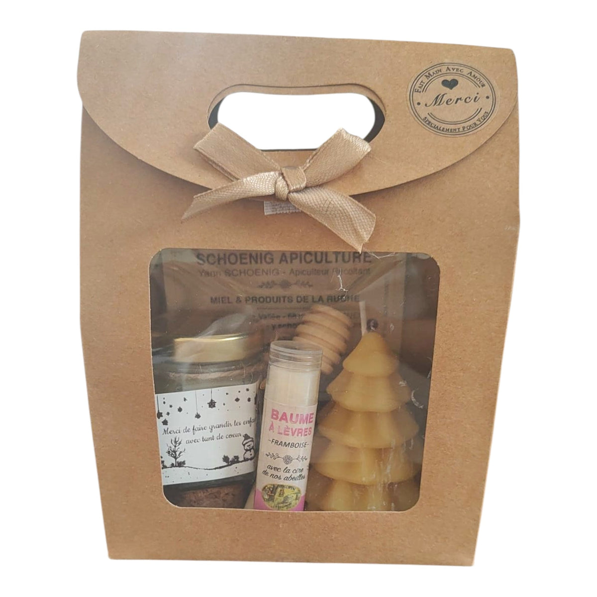 Coffret cadeau miel, baume naturel, bougie sapin et étiquette Merci de faire grandir les enfants avec tant de cœur.
