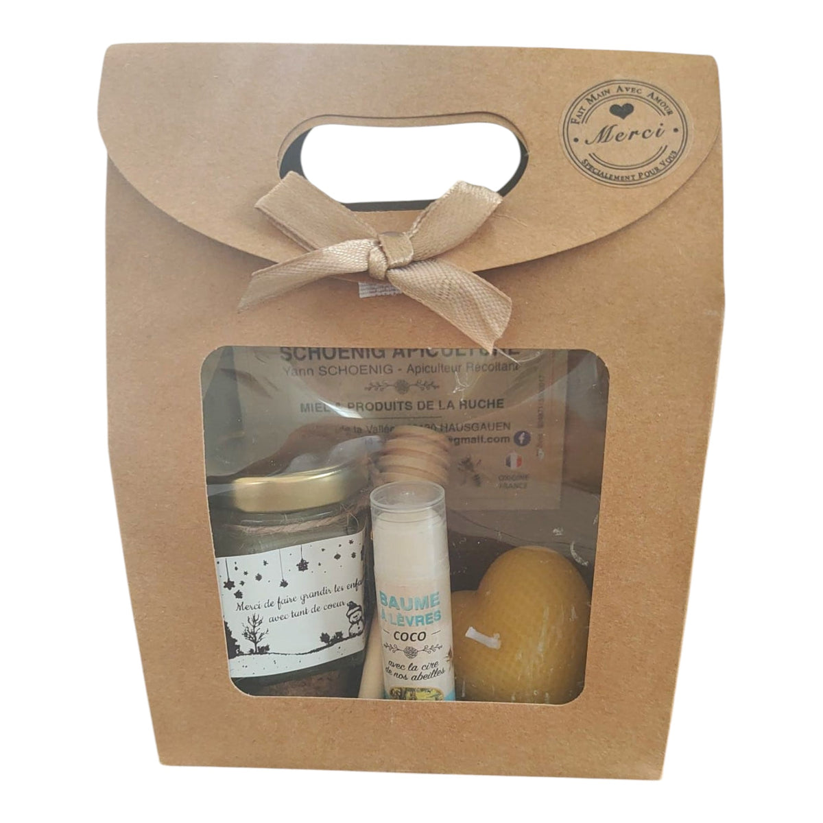 Coffret cadeau miel, baume naturel, bougie cœur et étiquette Merci de faire grandir les enfants avec tant de cœur.