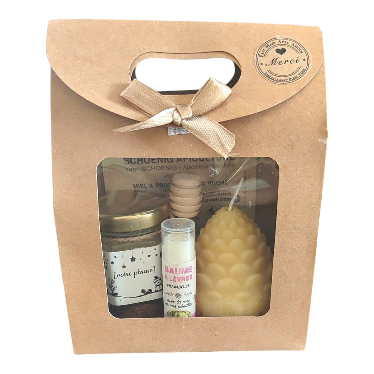 Coffret cadeau personnalisé avec miel, baume naturel, bougie pomme de pain et étiquette texte libre.