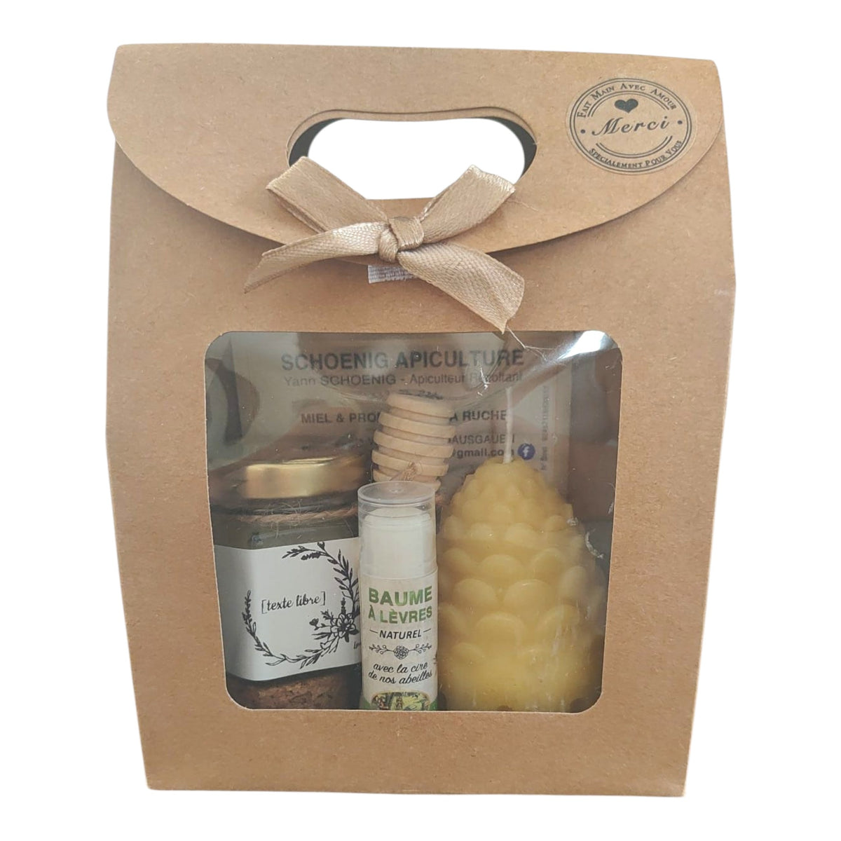 Coffret cadeau personnalisé avec miel, baume naturel, bougie pomme de pain en cire d'abeille et étiquette texte libre.