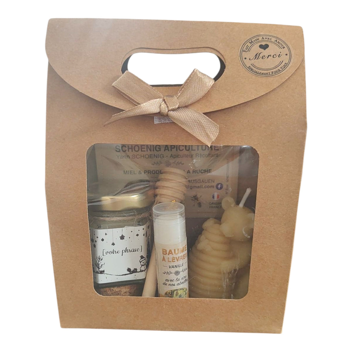 Coffret cadeau personnalisé avec miel, baume naturel, bougie ruche en cire d'abeille et étiquette texte libre.