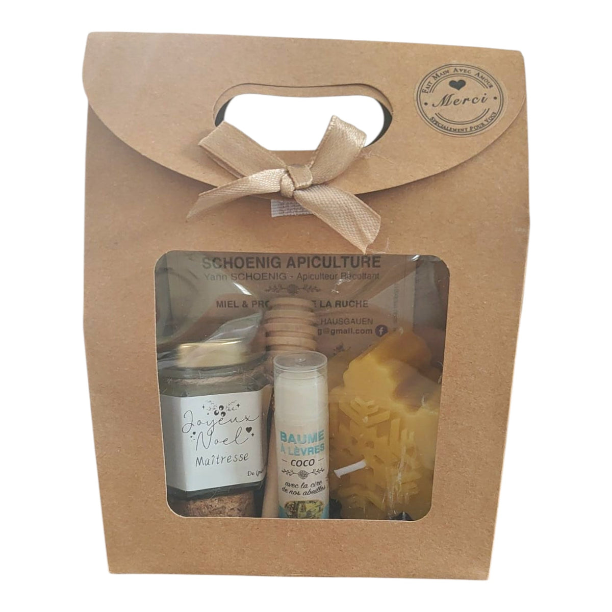 Coffret cadeau Noël maîtresse avec miel, baume vanille, bougie flocon et étiquette Joyeux Noël Maîtresse.