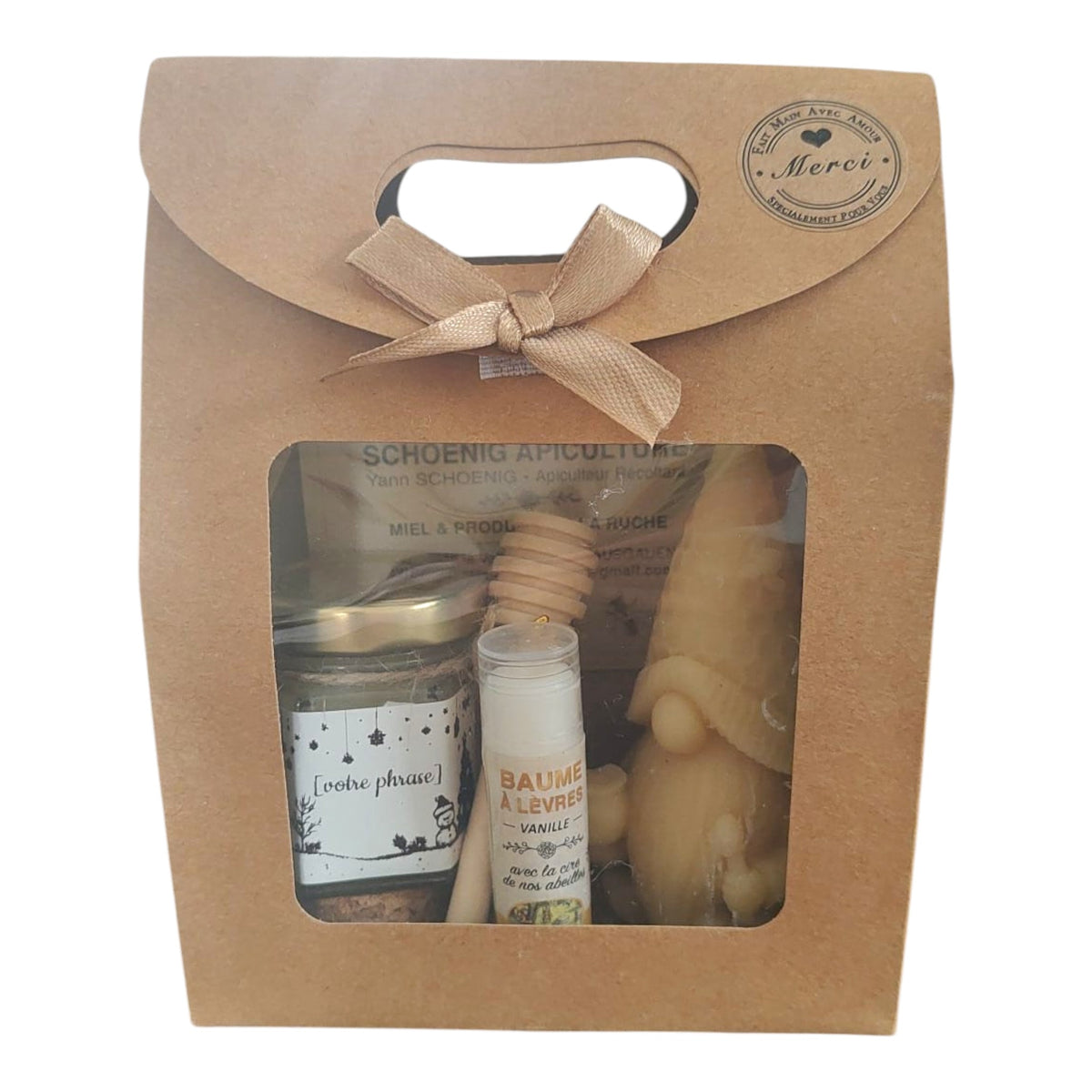 Coffret cadeau personnalisé avec miel, baume vanille, bougie lutin en cire d'abeille et étiquette texte libre.