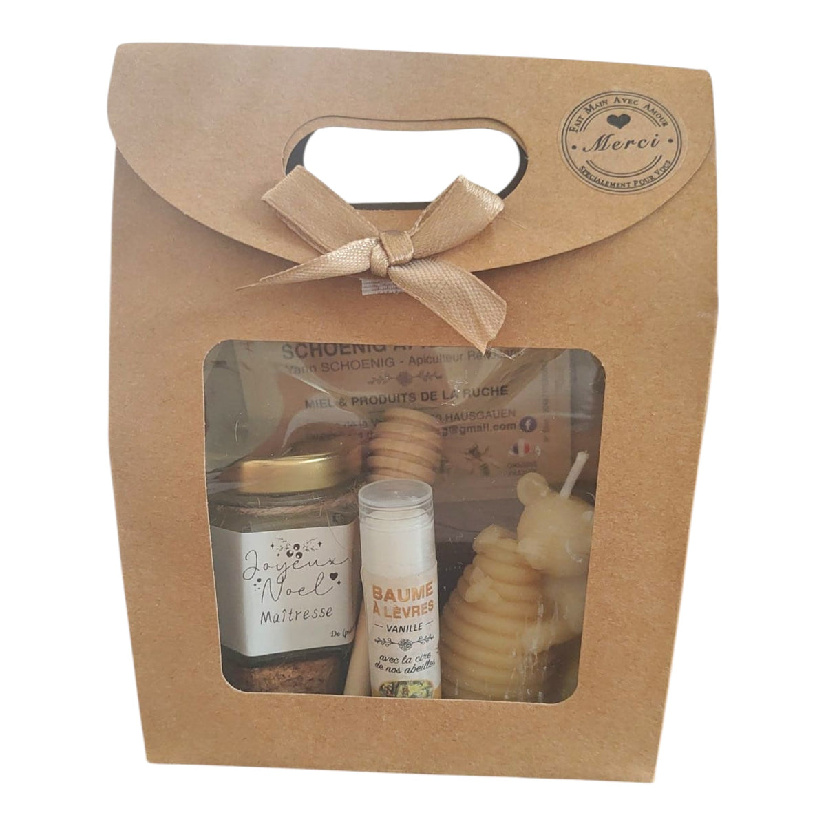 Coffret cadeau Noël maîtresse avec miel, baume vanille, bougie ourson ruche et étiquette Joyeux Noël Maîtresse.