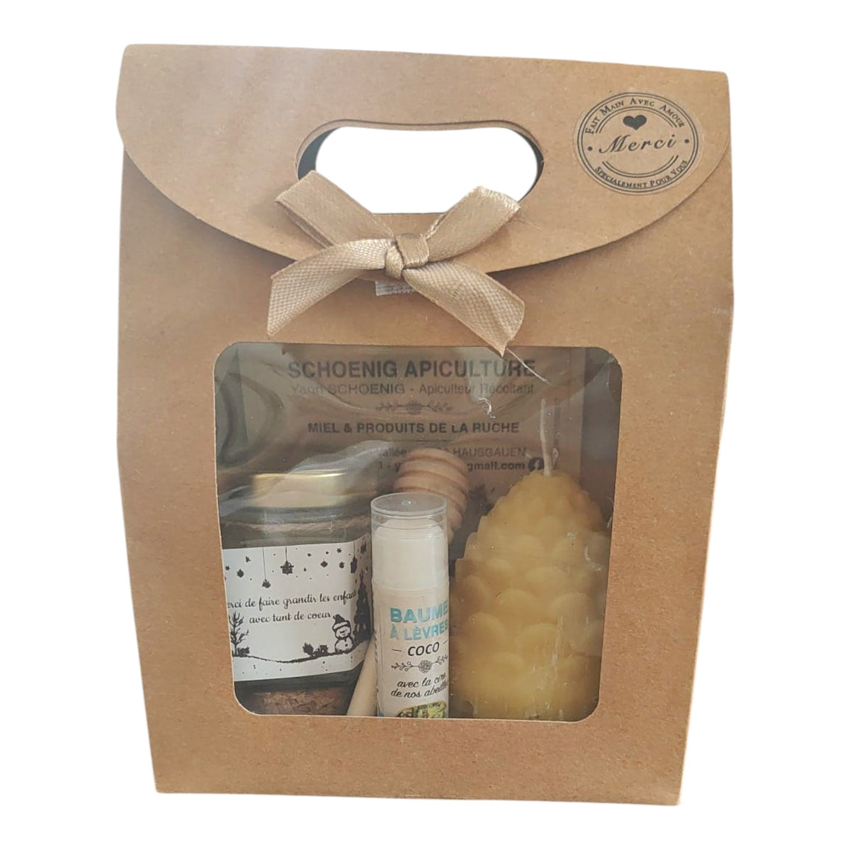 Coffret cadeau miel, baume vanille, bougie pomme de pin et étiquette Merci de faire grandir les enfants avec tant de cœur.