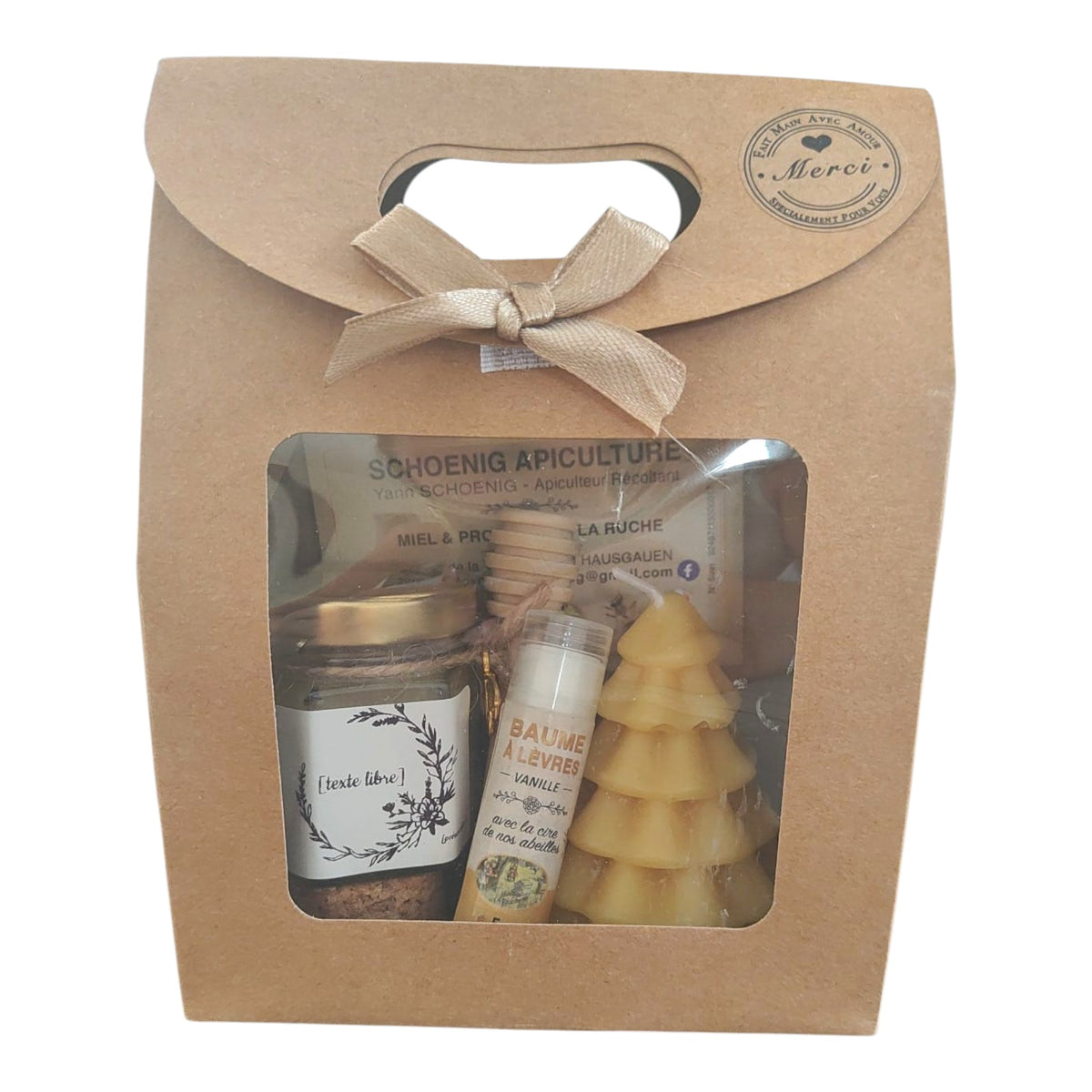 Coffret cadeau personnalisé avec miel, baume vanille, bougie sapin et étiquette texte libre.