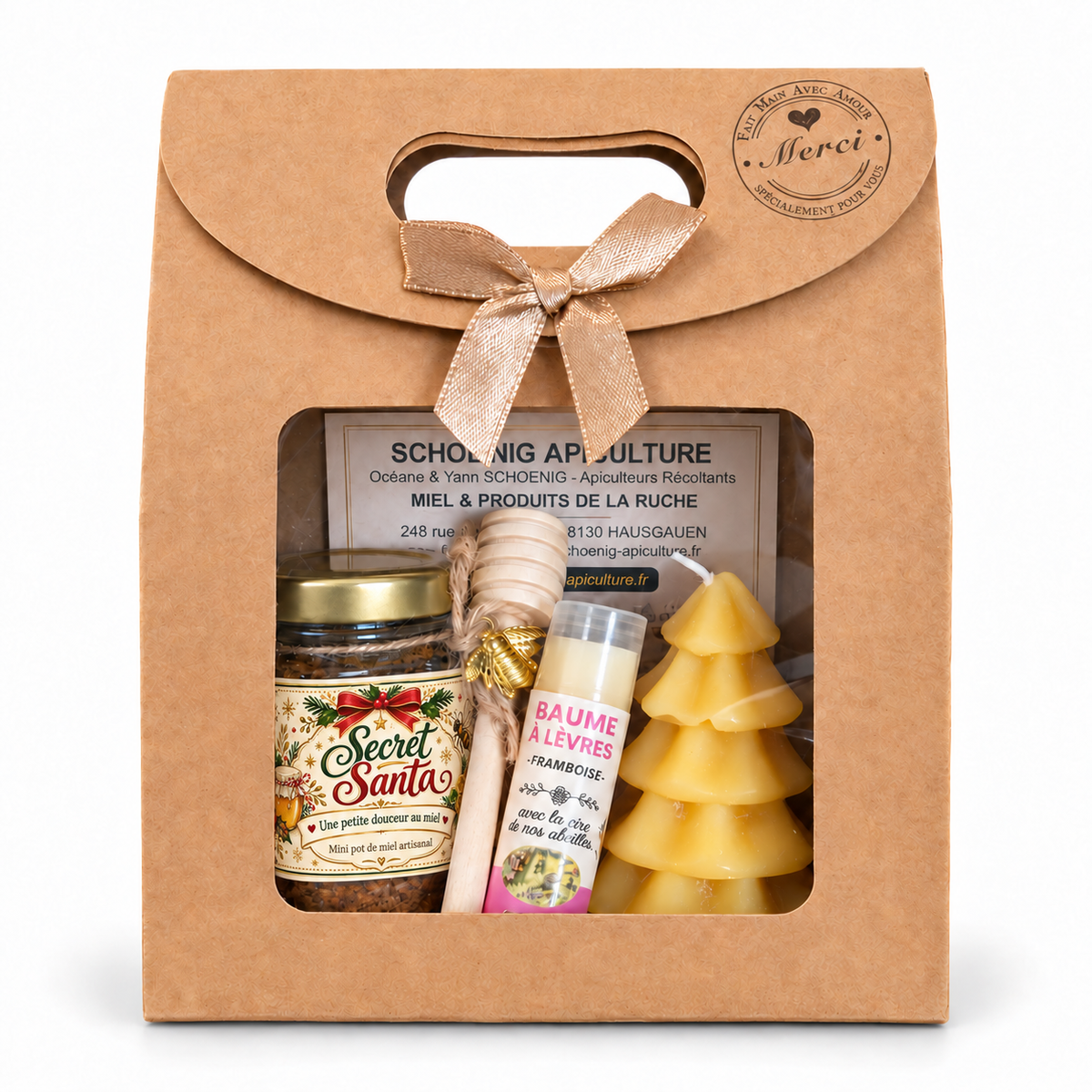 Coffret Secret Santa avec mini pot de miel artisanal personnalisé, bougie sapin de Noël en cire d’abeille, baume à lèvres et cuillère à miel.