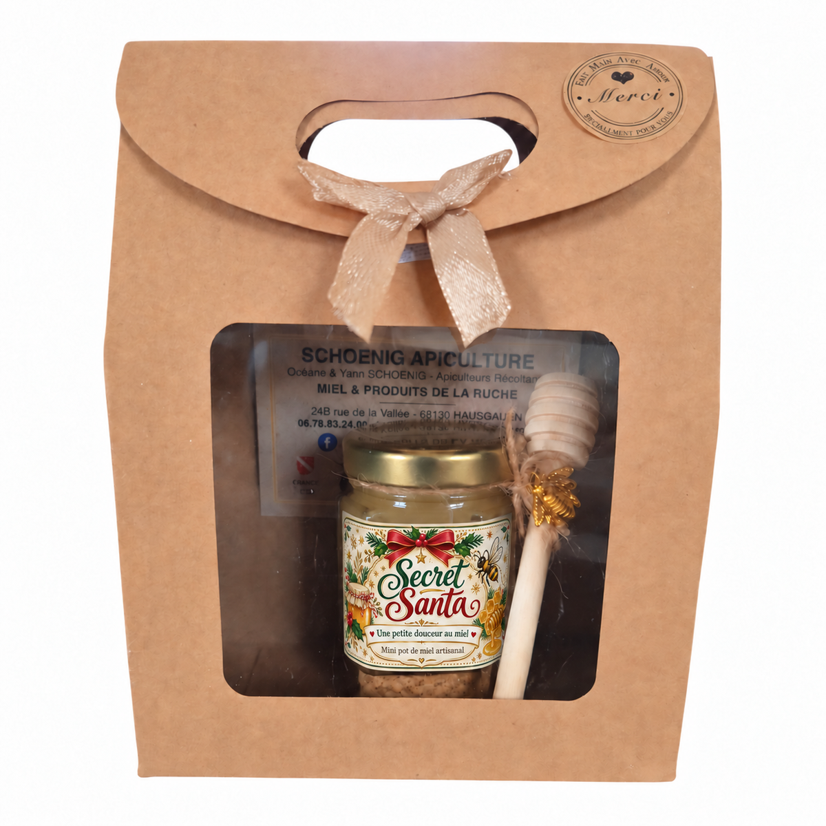 Coffret cadeau Secret Santa avec mini pot de miel artisanal et étiquette personnalisée, cuillère à miel en bois et emballage kraft, idéal pour Noël entre collègues.