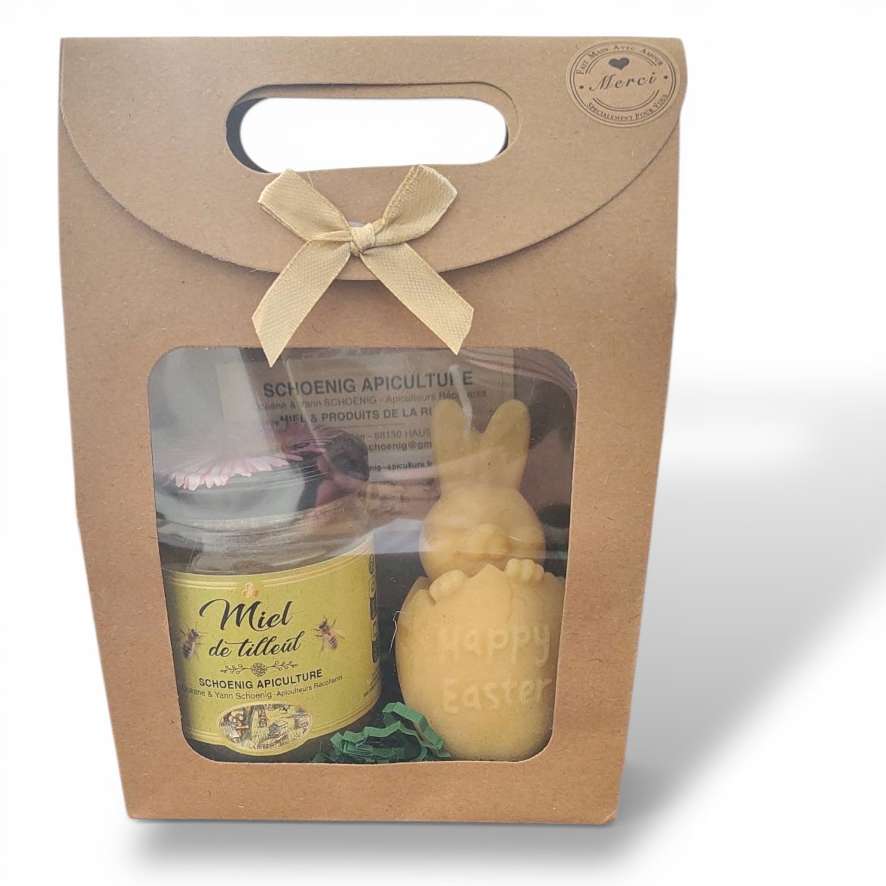 coffrets miel de tilleul et bougie en boîte kraft cadeau artisanal pour pâques