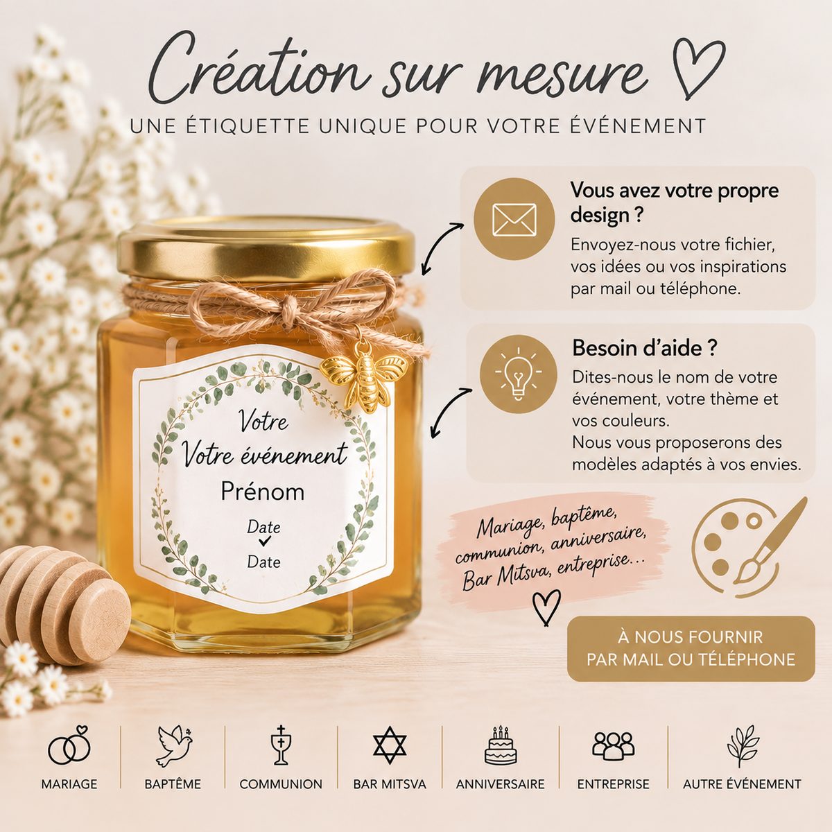 Étiquette miel personnalisée sur mesure pour mariage, baptême, communion et événements avec pot de miel artisanal