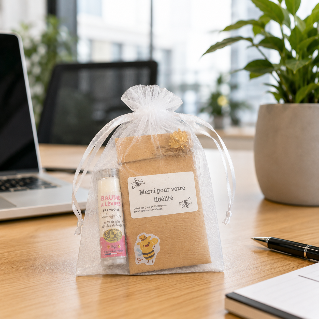 Goodie entreprise personnalisé avec sachet de graines à planter, baume à lèvres artisanal et étiquette personnalisée, idée cadeau client écologique et fabriquée en France.