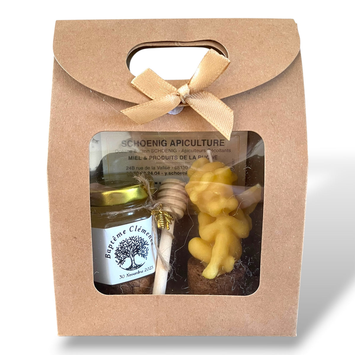Idée cadeau baptême avec bougie bébé en cire d’abeille et miel artisanal personnalisé, coffret naturel fait main