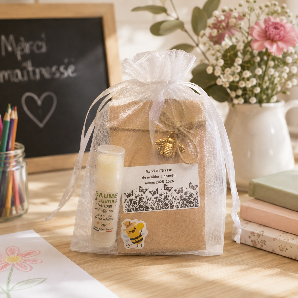Idée cadeau de fin d'année pour maîtresse avec sachet de graines personnalisé, baume à lèvres à la cire d'abeille et pochon cadeau artisanal fabriqué en France.