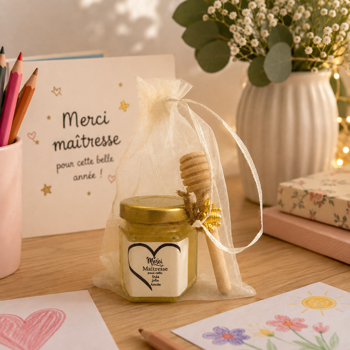 Idée cadeau de fin d'année pour maîtresse avec pot de miel personnalisé, cuillère à miel en bois et pochon organza, cadeau artisanal fabriqué en France.