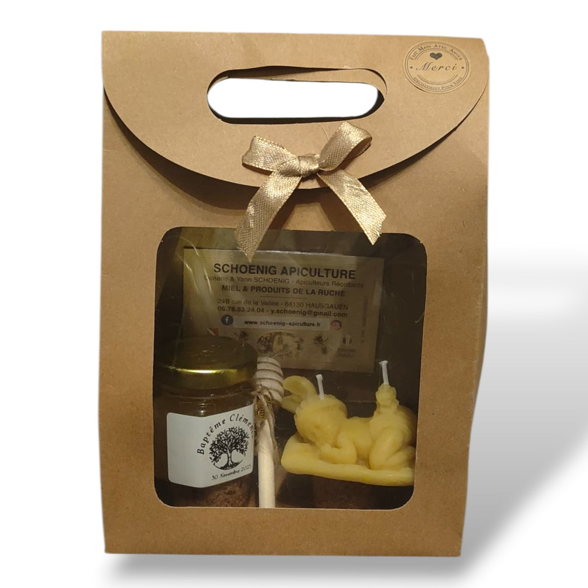 Idée cadeau naissance avec bougie bébé en cire d’abeille et miel personnalisé, produit artisanal issu de nos ruches