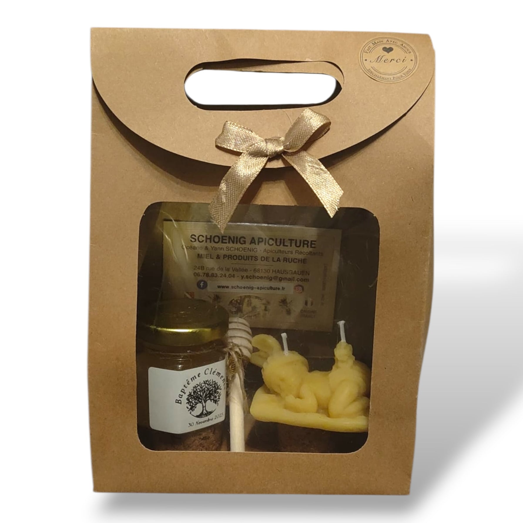 Idée cadeau naissance avec bougie bébé en cire d’abeille et miel personnalisé, produit artisanal issu de nos ruches