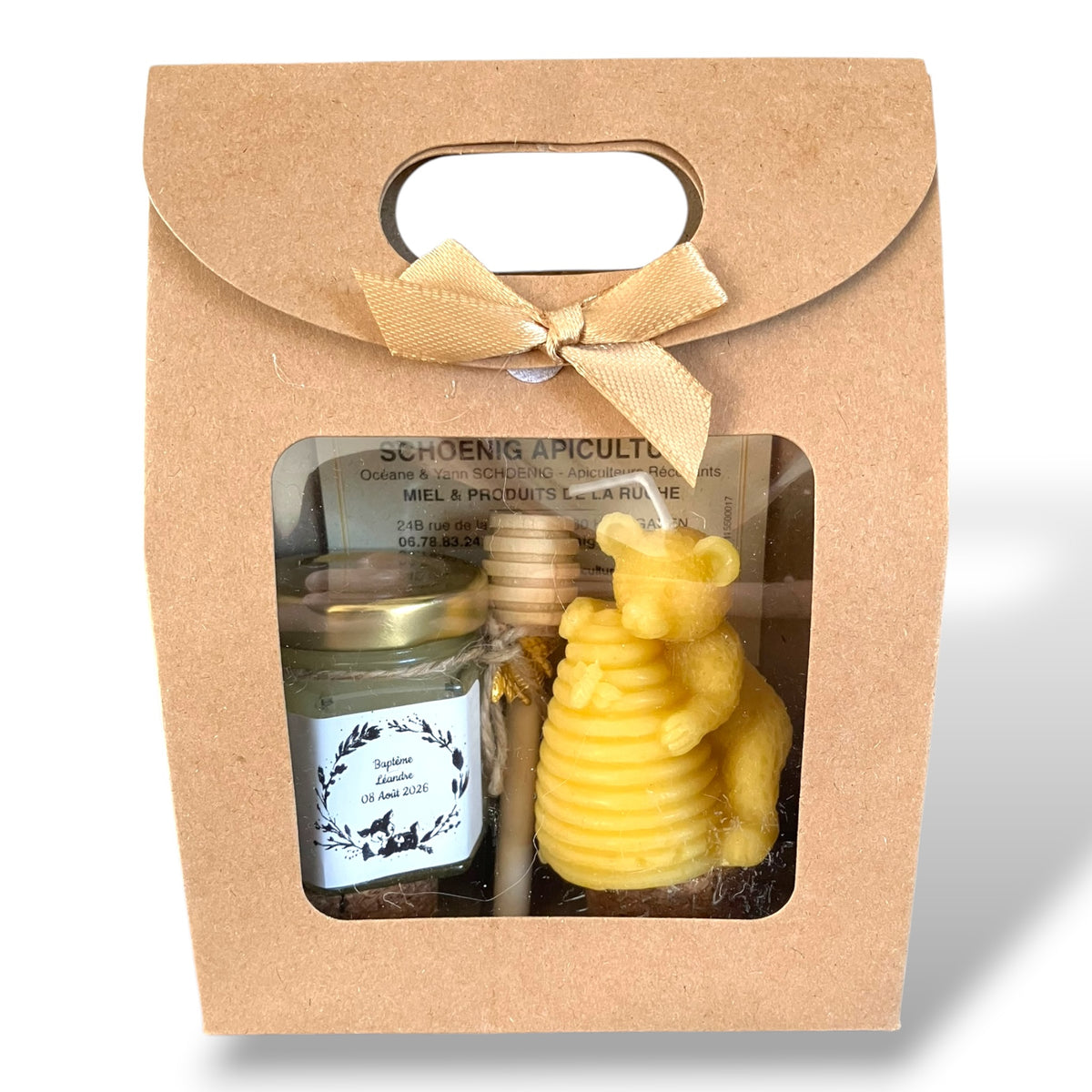 Coffret cadeau baptême avec miel personnalisé et bougie ours en cire d’abeille, fabrication artisanale issue de nos ruches
