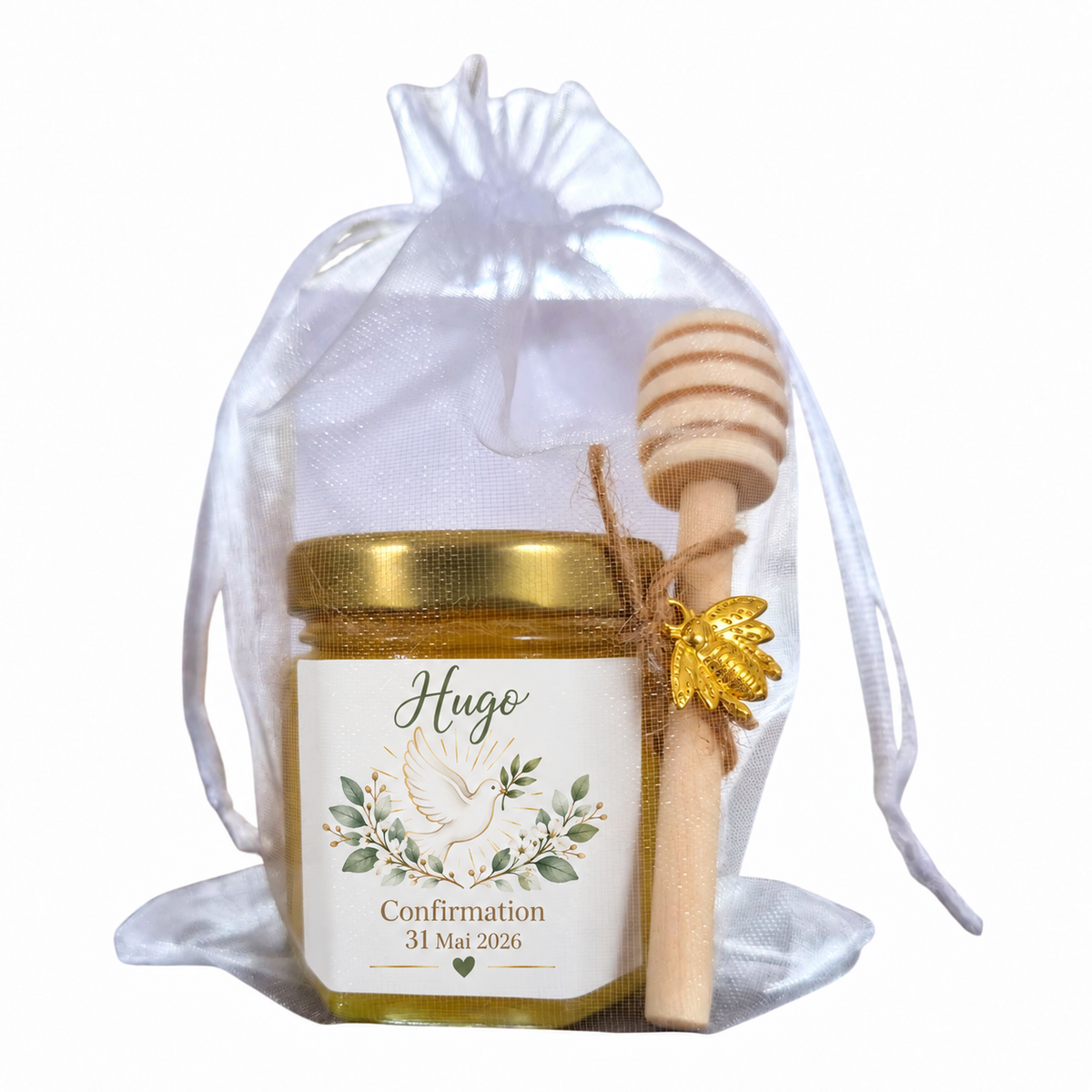 Mini pot de miel personnalisé pour confirmation avec étiquette Hugo, colombe, feuillage, pochon blanc et cuillère à miel
