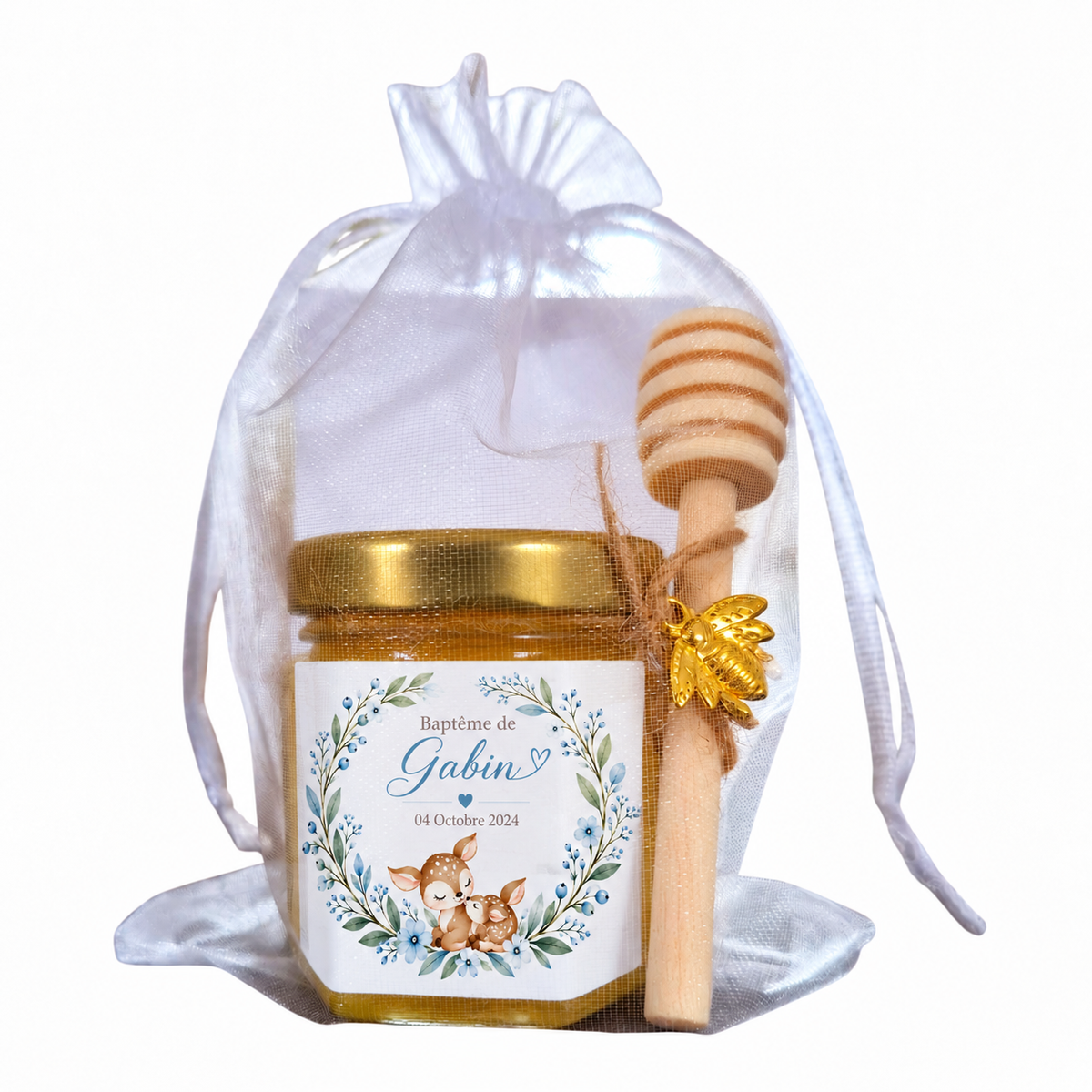 Mini pot de miel personnalisé baptême Gabin avec étiquette faon bleu, cadeau invité baptême avec cuillère à miel en bois et pochon blanc