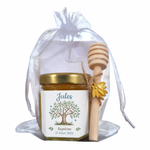 Mini pot de miel personnalisé pour baptême avec étiquette Jules, arbre aquarelle et date du baptême, cadeau invité artisanal avec cuillère en bois