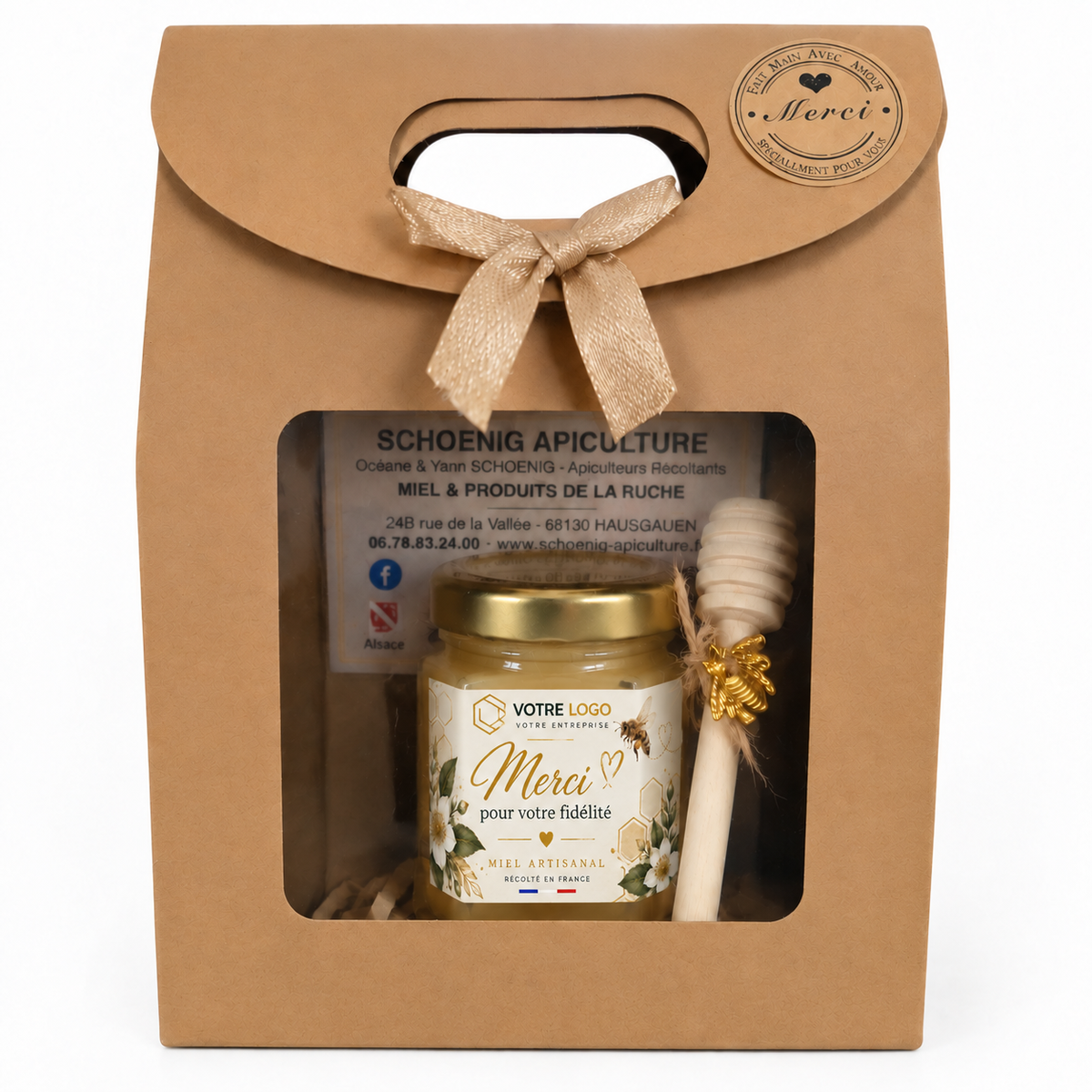 Mini pot de miel personnalisé avec logo d'entreprise, cadeau client artisanal français avec étiquette Merci pour votre fidélité