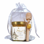 Mini pot de miel personnalisé avec étiquette mariage parisien chic, Tour Eiffel, abeille dorée et cadeau invité mariage élégant