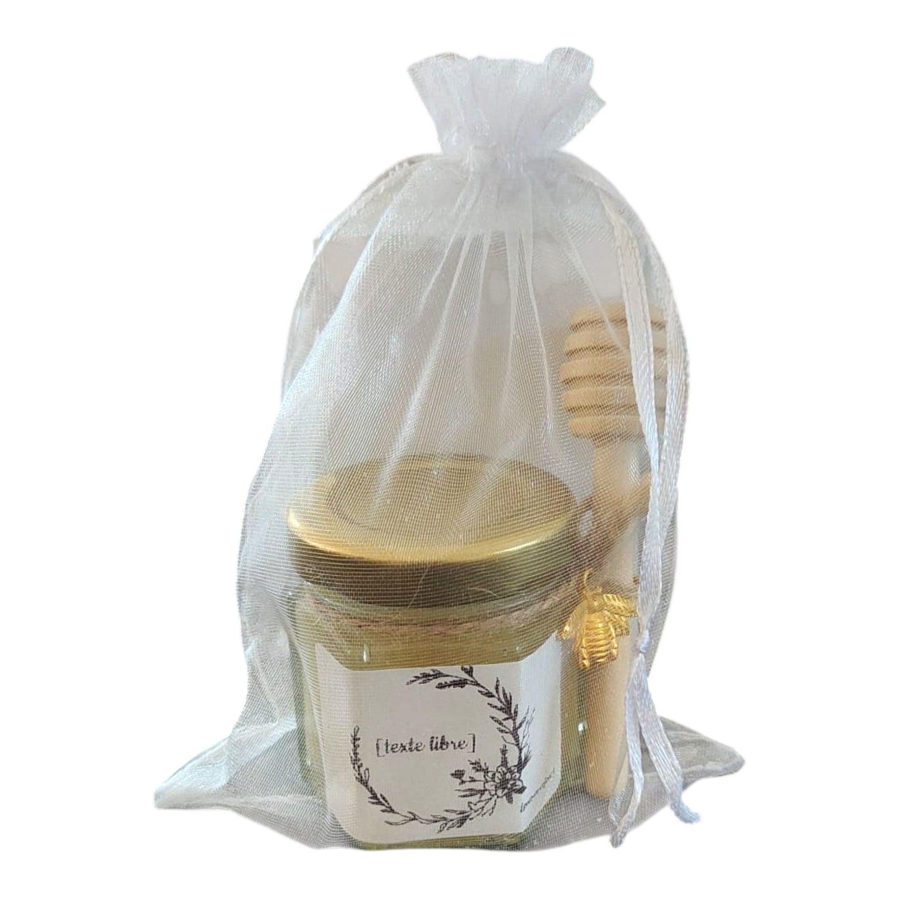 Mini pot de miel personnalisé avec étiquette texte libre, cuillère à miel en bois et décoration abeille, idée cadeau de fin d'année pour maîtresse, ATSEM, nounou ou crèche.