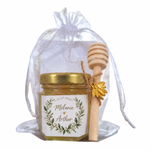 Étiquette mariage élégant personnalisée pour pot de miel avec prénoms des mariés, date de cérémonie et couronne végétale raffinée