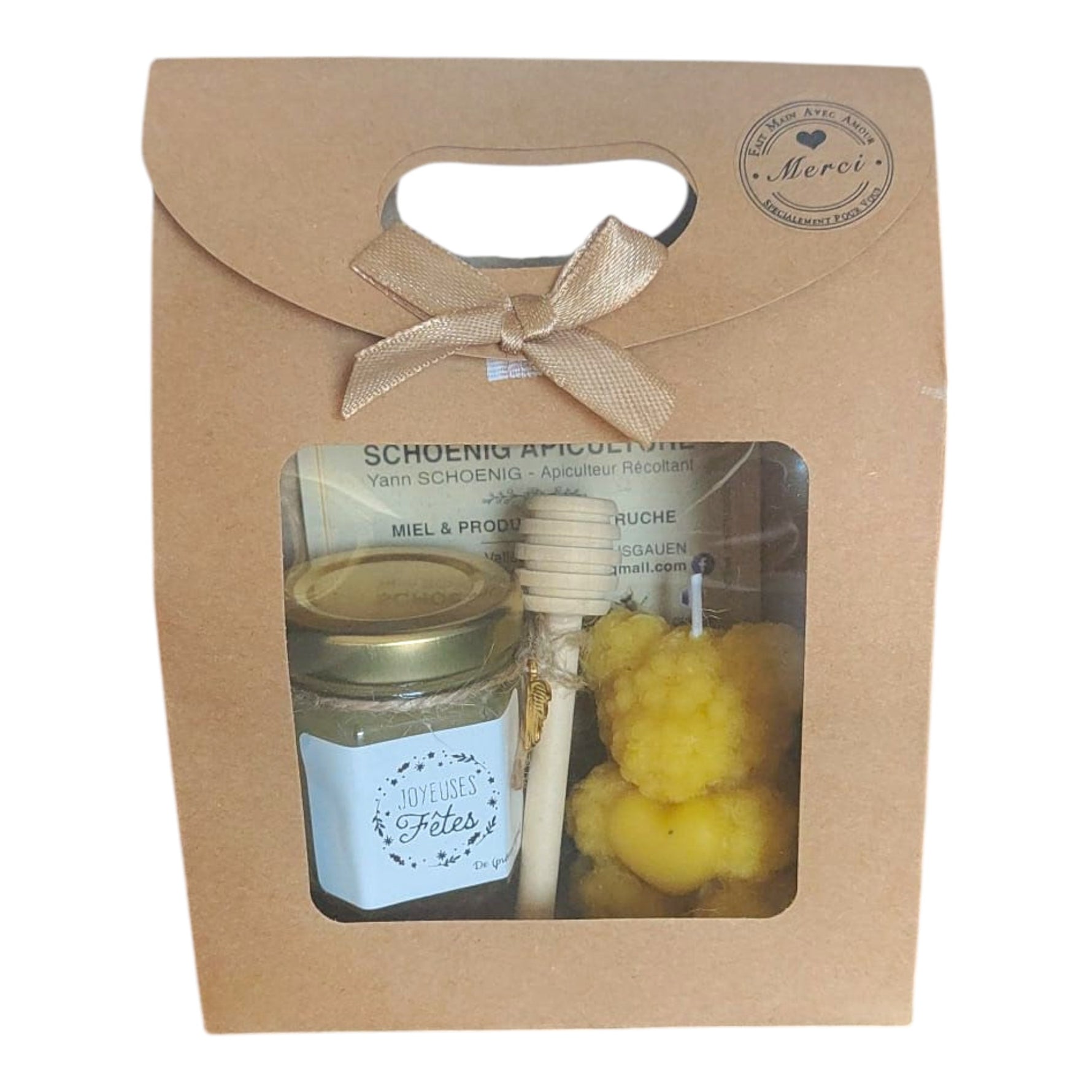 Petit coffret cadeau de Noël artisanal avec pot de miel de nos ruches, bougie en cire d'abeille et cuillère à miel en bois.