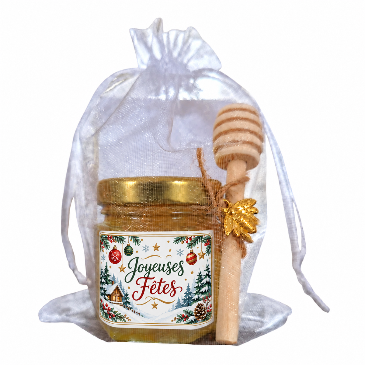 Petit pot de miel artisanal Joyeuses Fêtes avec cuillère en bois et sachet organza, cadeau de Noël