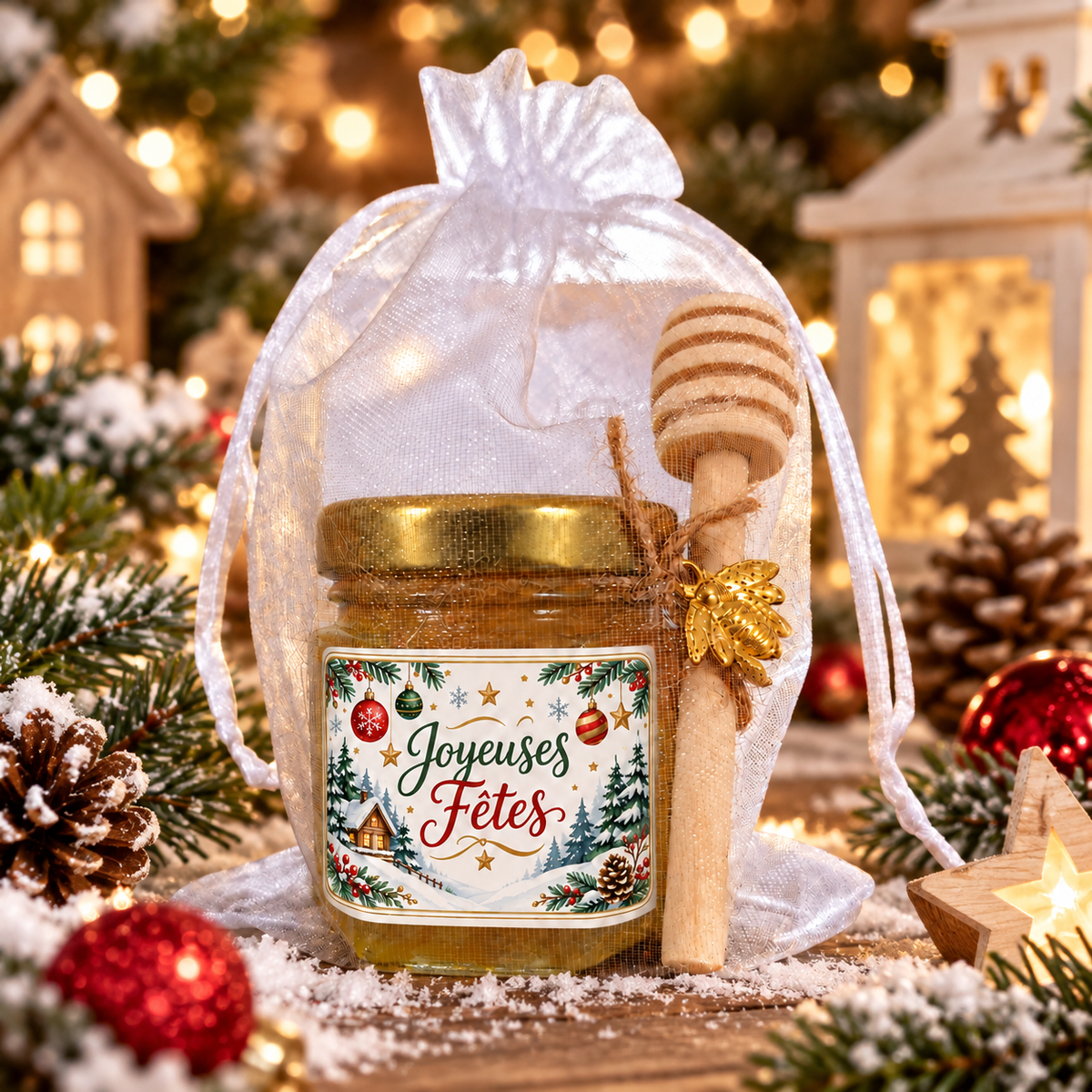 Petit pot de miel artisanal en sachet organza dans un décor hivernal, idée cadeau de Noël et fin d’année