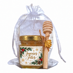 Petit pot de miel artisanal Belles fêtes en sachet organza avec cuillère en bois, cadeau de fin d’année