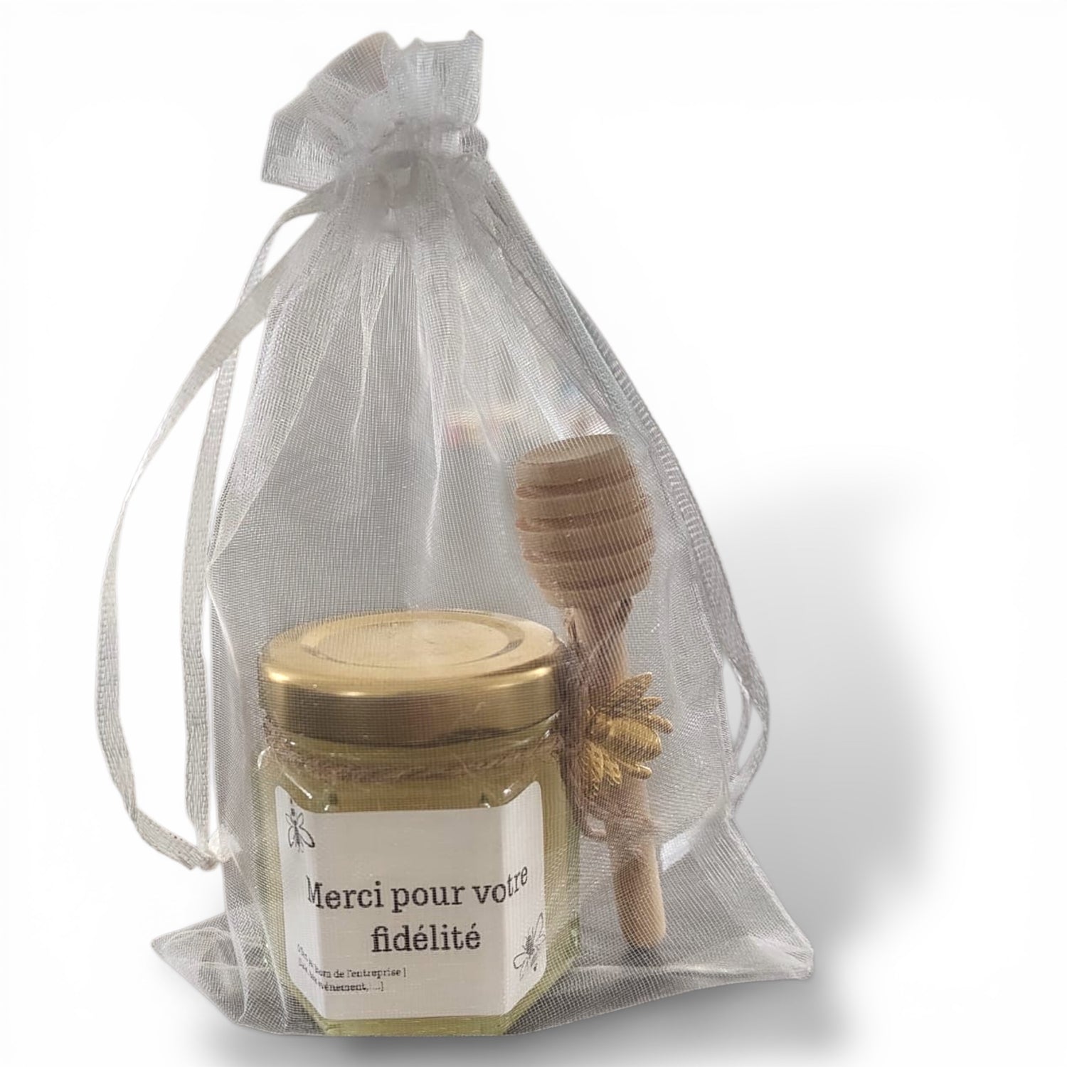 petit pot de miel personnalisé dans un sac organza, avec sa cuillère en bois et breloque abeille cadeau remerciement CSE