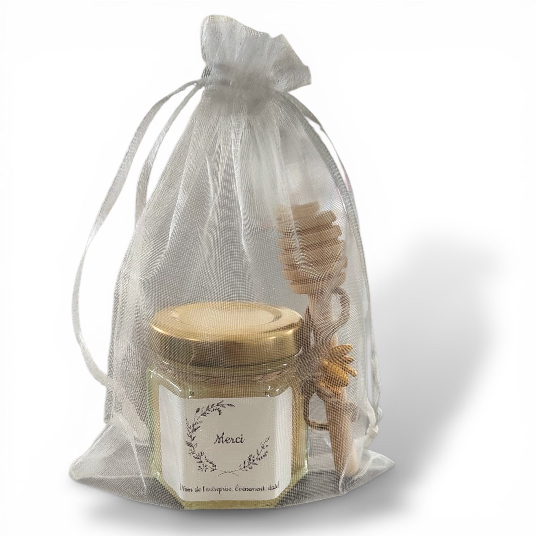 petit pot de miel personnalisé dans un sac organza, avec sa cuillère en bois et breloque abeille cadeau remerciement employé