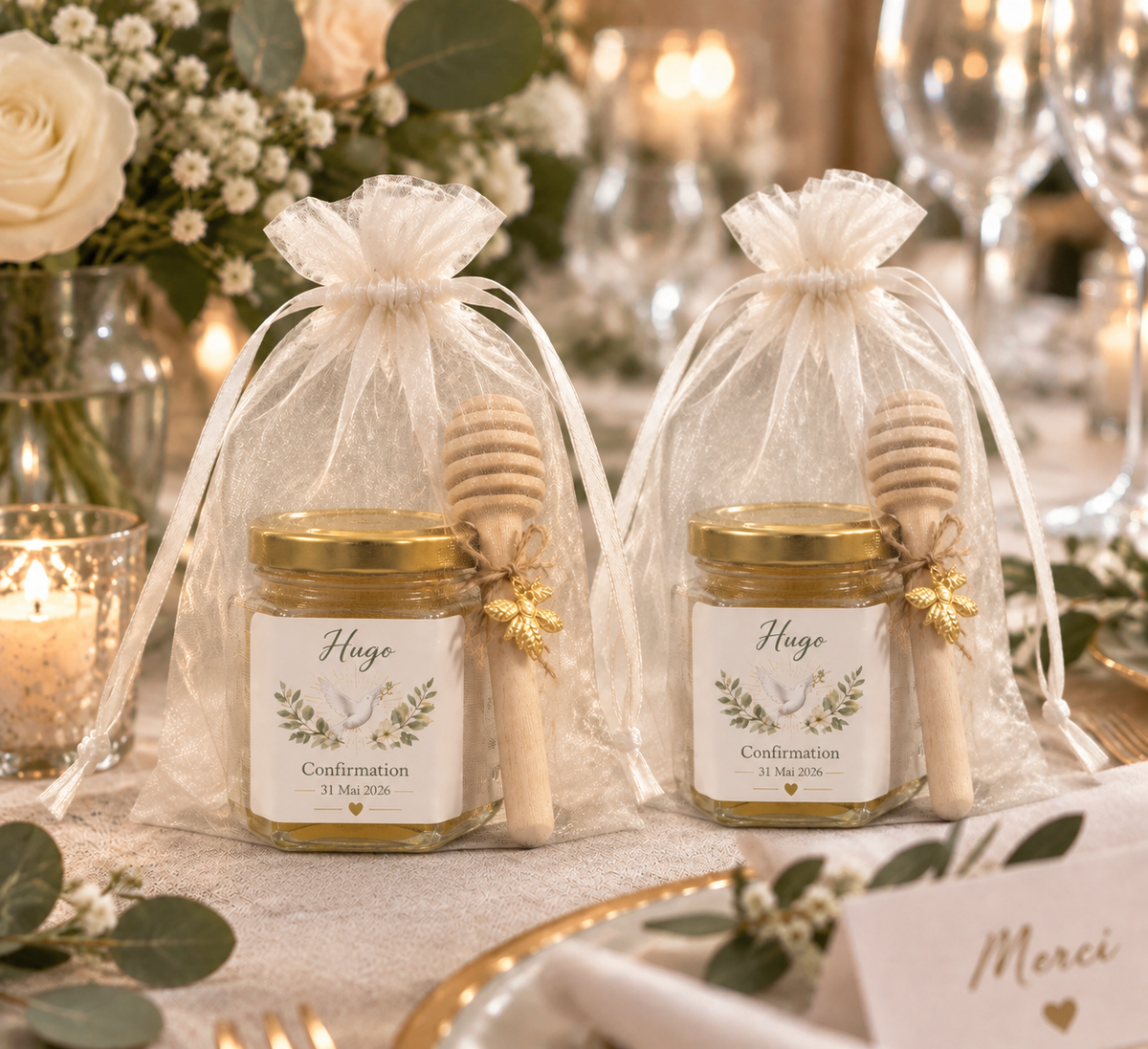 Pot de miel cadeau invité confirmation avec étiquette personnalisée, colombe, feuillage naturel, prénom et date de cérémonie
