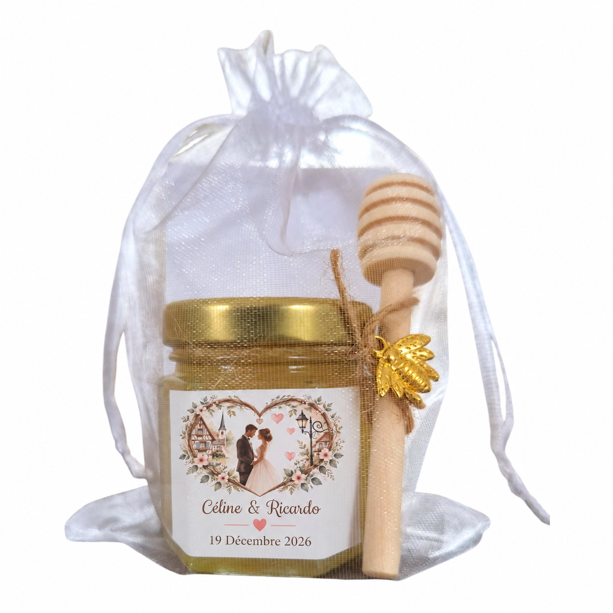 Pot de miel cadeau invité mariage champêtre avec étiquette personnalisée, prénoms des mariés, illustration florale et date de cérémonie