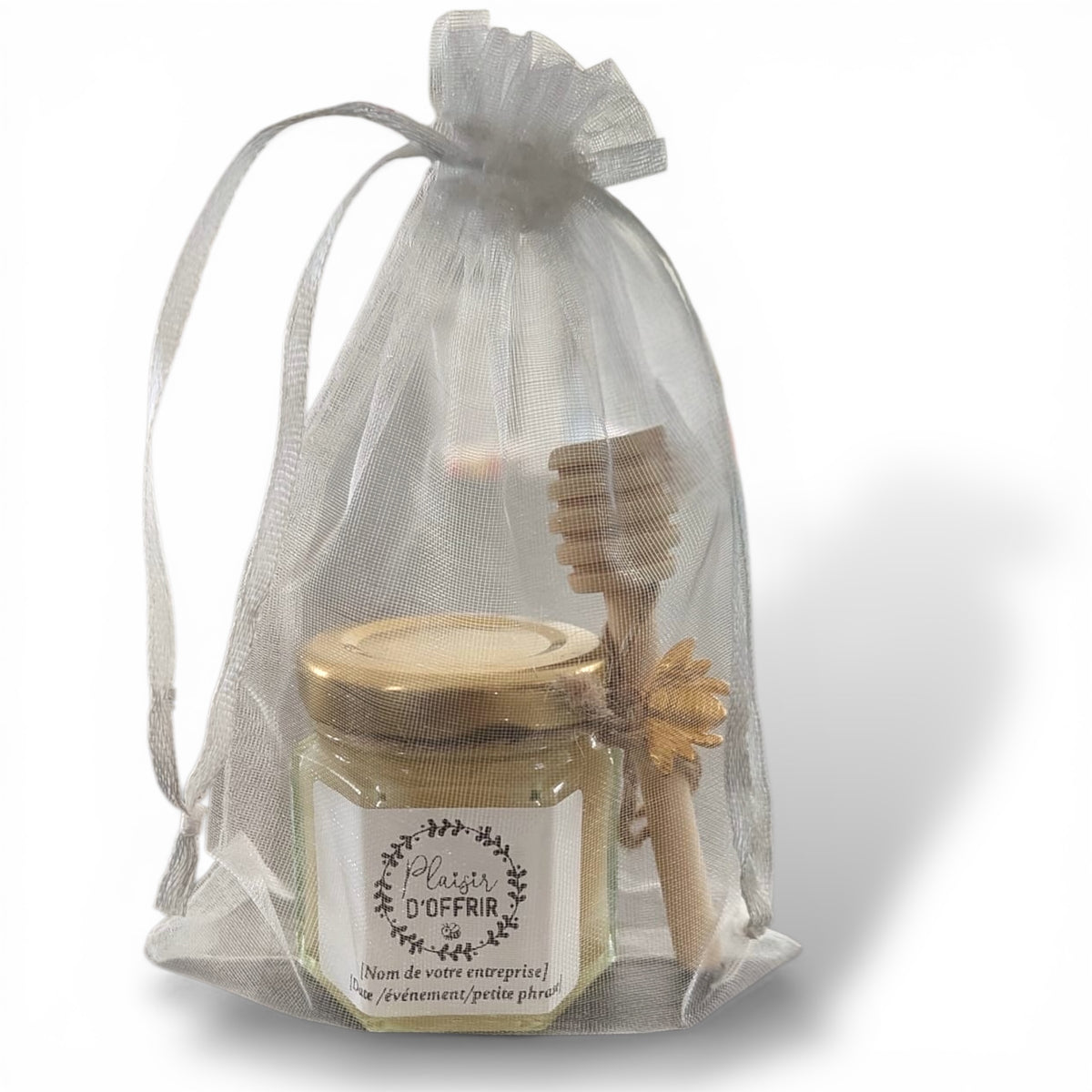 Petit pot de miel personnalisé cadeau entreprise avec étiquette Plaisir d’offrir et cuillère à miel