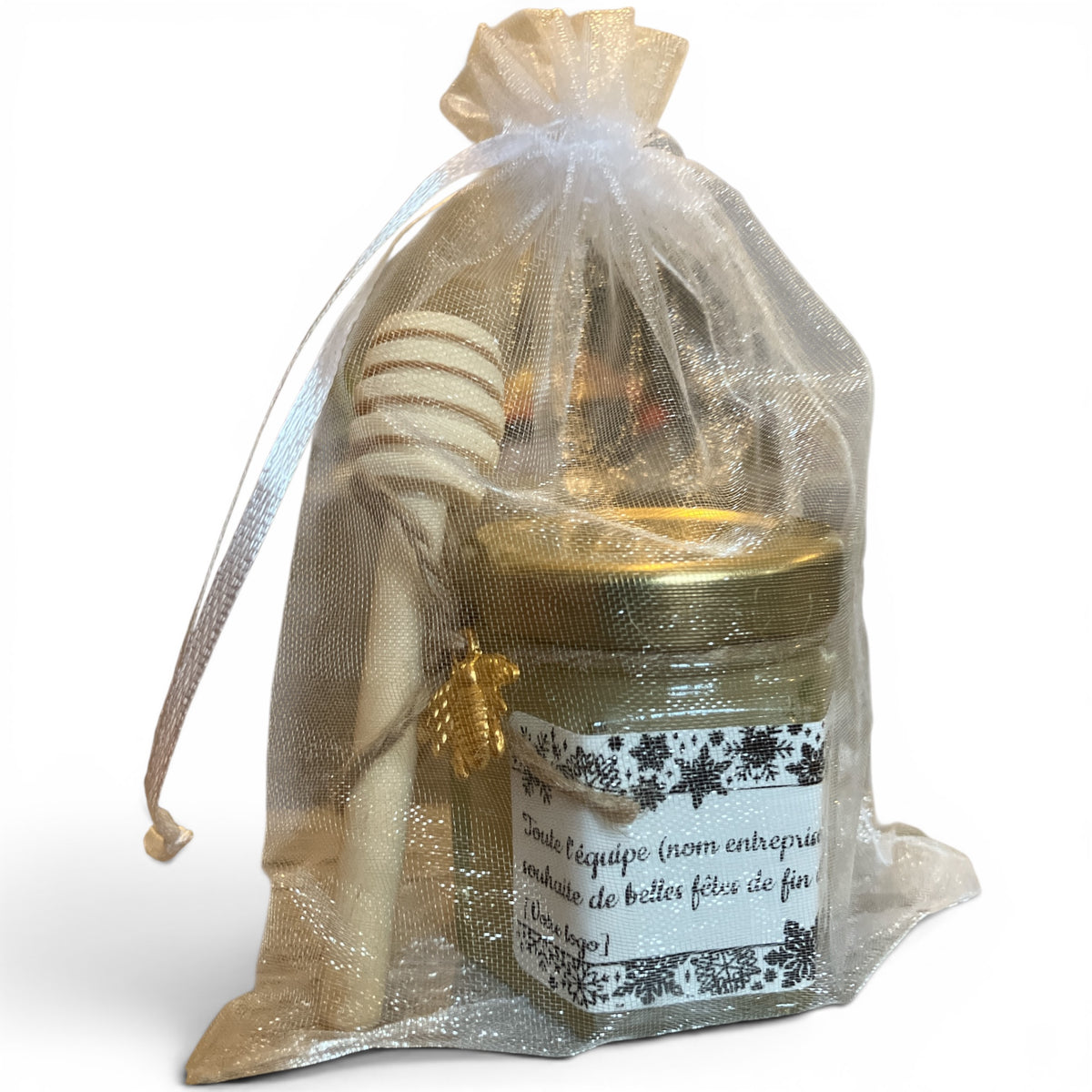 Petit pot de miel personnalisé pour cadeau de fin d’année entreprise avec cuillère à miel et sachet organza doré