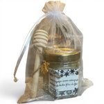 Petit pot de miel personnalisé pour cadeau de fin d’année entreprise avec cuillère à miel et sachet organza doré