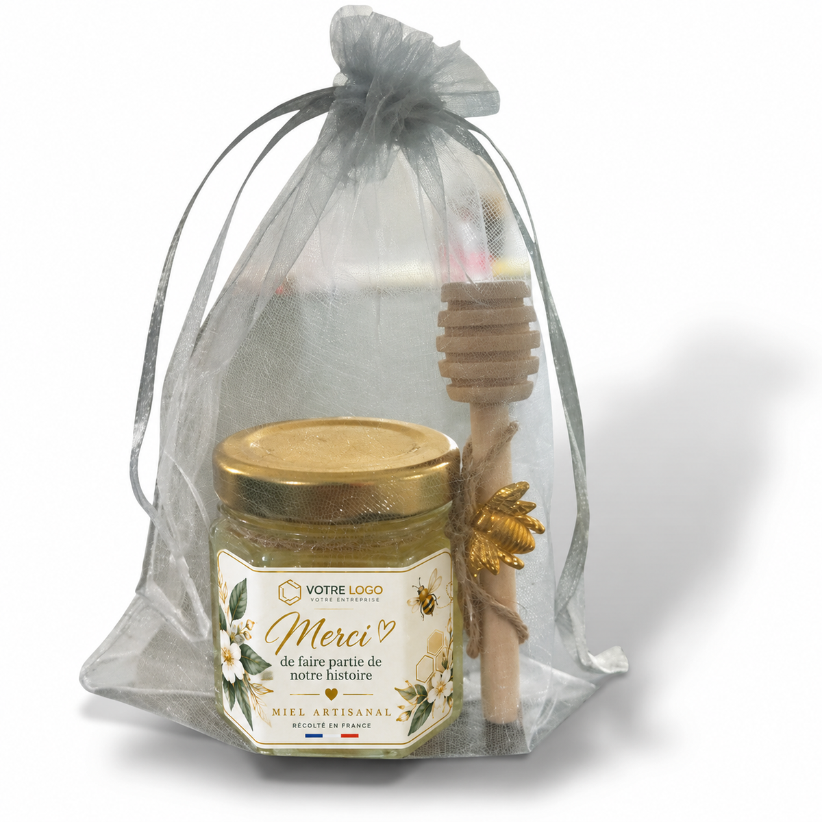 Cadeau entreprise personnalisé avec pot de miel artisanal français, étiquette logo société et cuillère à miel en bois