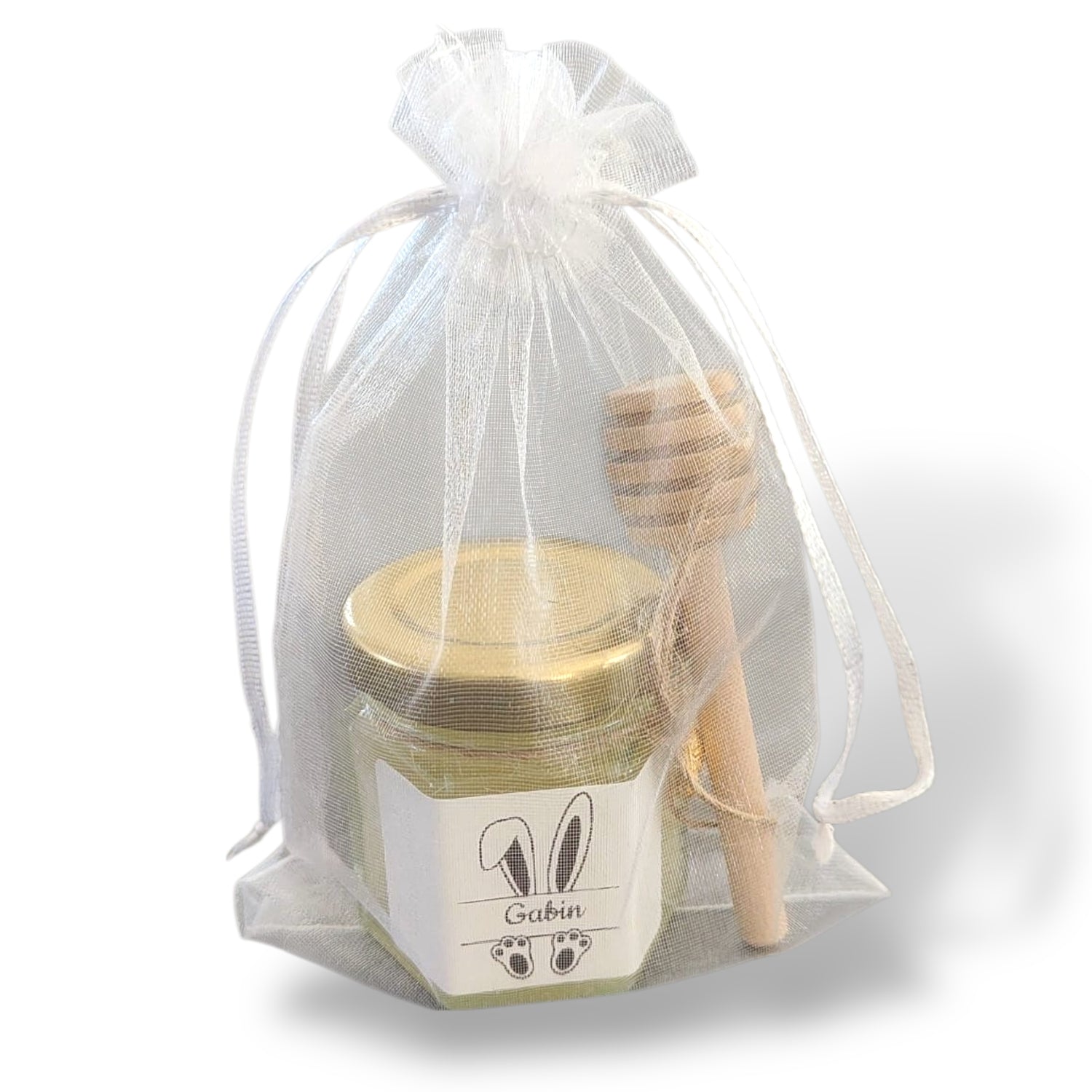 Petit pot de miel personnalisé spécial Pâques avec cuillère en bois cadeau gourmand