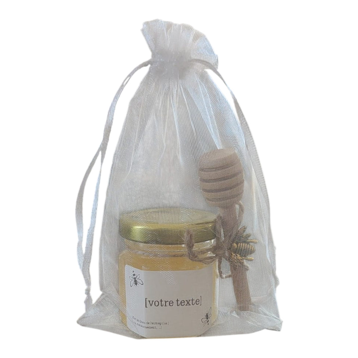 Petit pot de miel personnalisable avec texte ou logo pour cadeau client et entreprise, avec cuillère à miel et sachet organza
