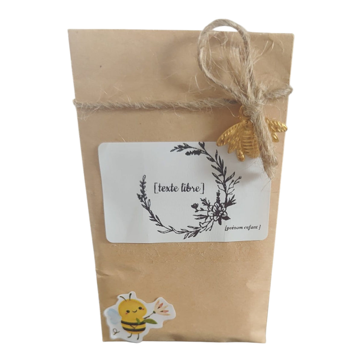 Sachet de graines personnalisé avec étiquette couronne florale, texte libre, ficelle naturelle et breloque abeille dorée.