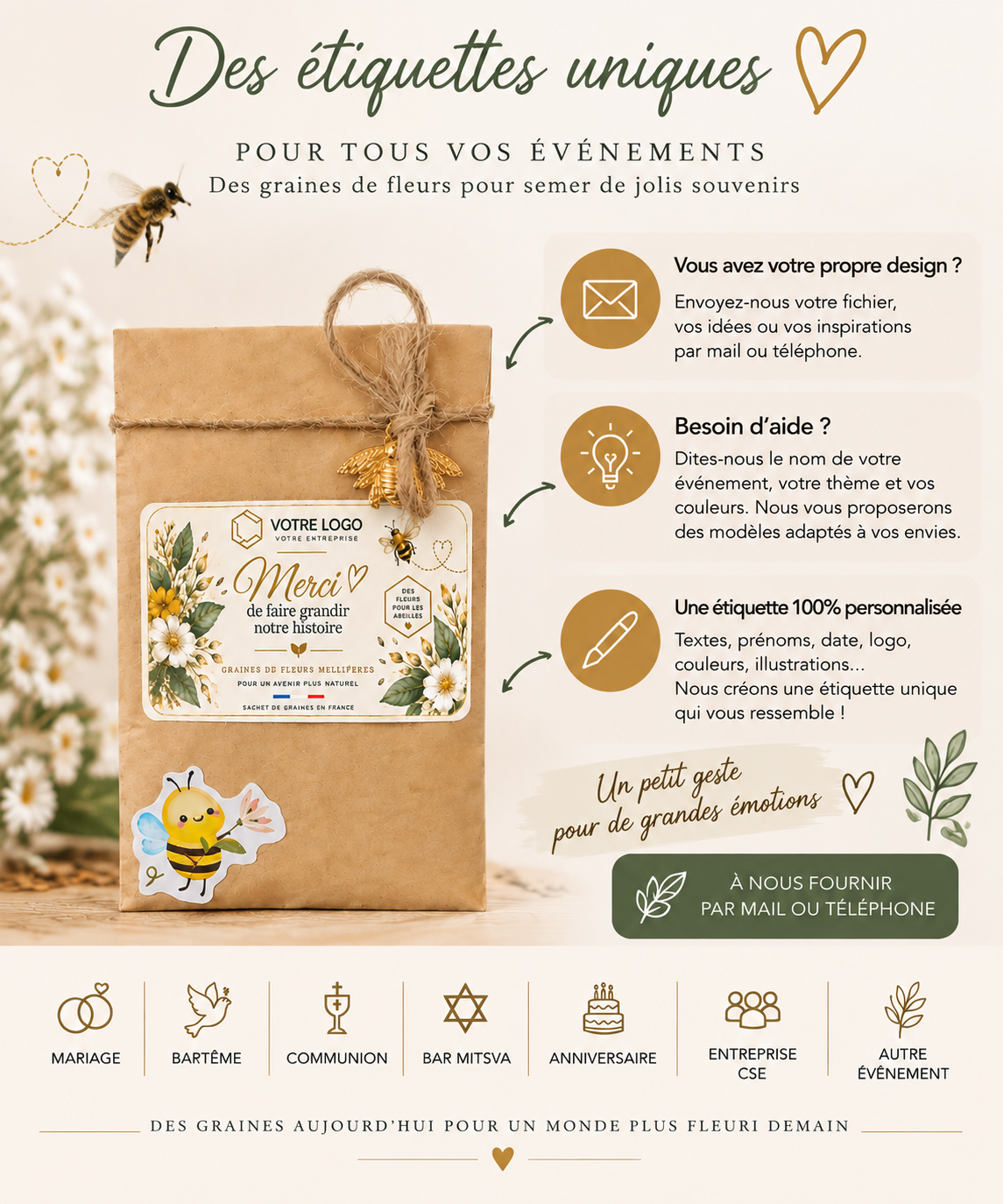 Sachet de graines personnalisé pour cadeau client entreprise avec étiquette sur mesure et graines mellifères françaises