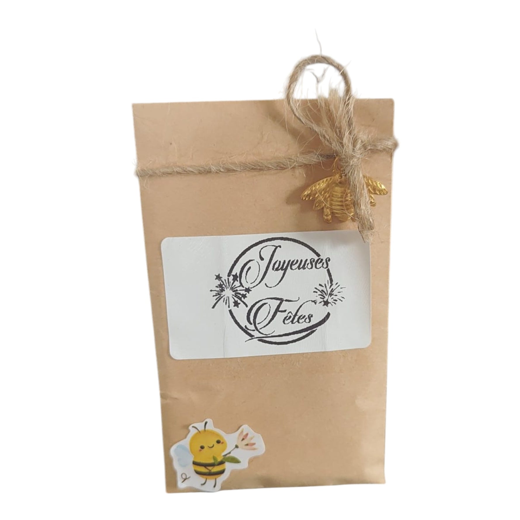 Sachet de graines personnalisé Joyeuses Fêtes, décoré d'une breloque abeille dorée, idéal comme cadeau de Noël artisanal.