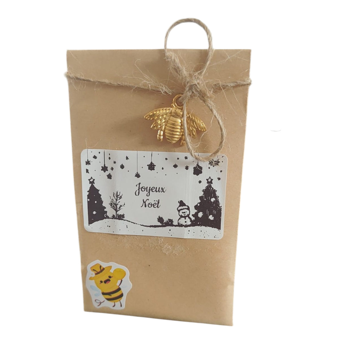 Sachet de graines personnalisé Joyeux Noël avec breloque abeille dorée et ficelle naturelle, cadeau de Noël original.