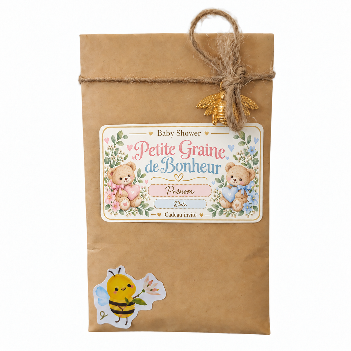 Sachet de graines personnalisé pour cadeau invité Baby Shower, avec étiquette Petite Graine de Bonheur, oursons rose et bleu, emballage kraft et breloque abeille dorée.